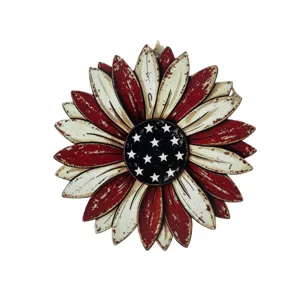 Independence day patriotic sunflower wooden hanging sign with red white and blue stars.