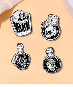 Gothic skull heart enamel pin set, punk horror lapel badge for Halloween clothing.