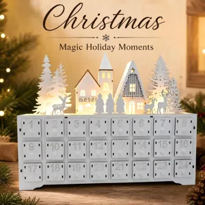 Wooden Christmas advent calendar with 24 drawers, German village LED light decoration.