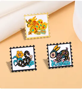 Chinesischer Sternzeichen Metall Emaille Pin Set, Vintage Briefmarke Design.