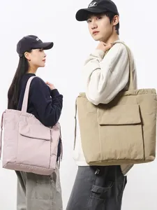Minimalistische Effen Kleur Tote Bag Met Koordsluiting Grote Capaciteit Nylon Schoudertas Voor Sportschool Yoga Sport Reizen Studenten Werk