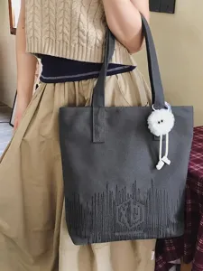 Casual large capacity canvas tote bag for women retro shoulder bag with cute fluffy pendant