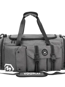 Large capacity travel duffel bag for men and women, waterproof sports fitness gym bag, grey grid.