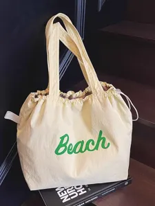 Bolso tote de lona beige informal con estampado Beach verde, bolso de hombro grande para diario.