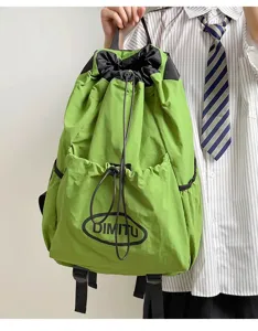 Sac à dos cordon vert léger, sac de voyage casual, grande capacité cartable étudiant femme.
