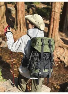 Large capacity outdoor hiking backpack with waterproof grid fabric, perfect for travel and sports.
