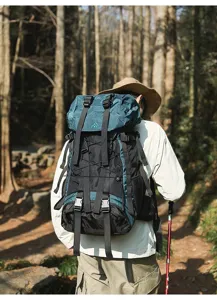 Large capacity outdoor hiking backpack with durable waterproof grid fabric and multi-straps.