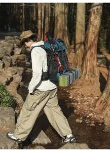 Outdoor hiking backpack detail view showcasing large capacity and professional attachment system.