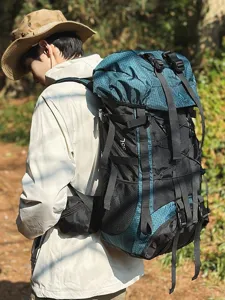 Large capacity 55L outdoor hiking backpack for men, durable waterproof travel rucksack bag.