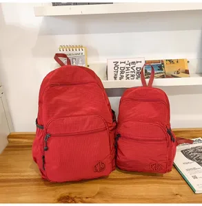 Lightweight waterproof red plaid backpack set for women, minimalist daily travel school bags.