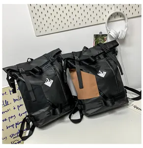 Casual waterproof roll-top backpack for students, large capacity travel school bag.