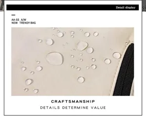 Closeup of the lightweight backpack waterproof fabric surface featuring clear water droplets.