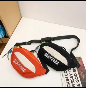 Details of trendy casual sports crossbody chest bag with adjustable strap and color block design.