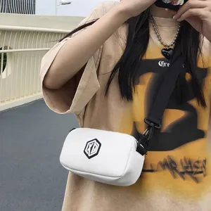 Detail view of a stylish white waterproof crossbody bag with black strap and logo.
