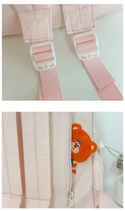 Zaino mini rosa con fibbie bianche regolabili e dettaglio con cerniera a forma di orsetto.