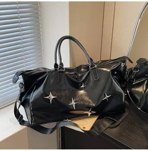 Black shiny travel duffel bag with star studs, large capacity portable fitness gym bag.