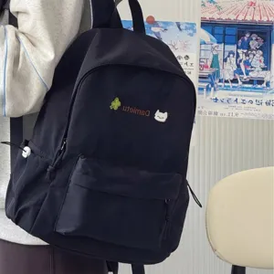 Casual black backpack for women and students with cute embroidery and daily ins style design.