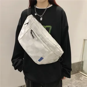 White checkerboard chest bag for women and men, large capacity casual crossbody bag.
