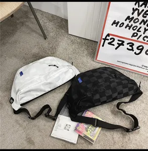 Canvas chest bag casual sports crossbody bag large capacity streetwear shoulder bag black white