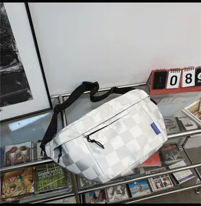 Casual white checkered chest bag, stylish canvas crossbody bag for daily sports and outdoor use.