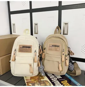 Canvas casual travel daypack student large capacity school backpack in beige color