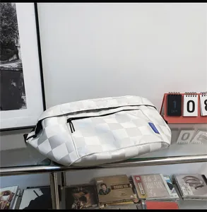 White checkered chest bag casual crossbody bag canvas waist bag for men and women summer