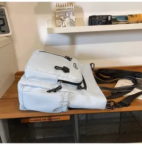 Light blue canvas tote bag crossbody shoulder bag with multi pockets large capacity student book bag