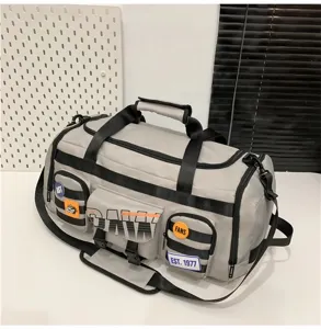 Borsa da viaggio grigia multifunzionale, grande borsa sportiva con tasche multiple.
