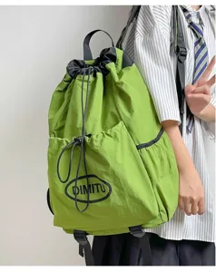 Sac à dos à cordon vert pour femmes et hommes, sac d'école décontracté léger voyage.