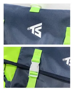 Backpack detail view showing durable nylon fabric, neon green straps, and secure plastic buckles.