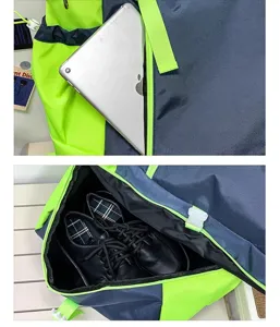 Detailed view of large capacity backpack featuring tablet sleeve and separate shoe compartment.