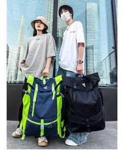 Detail view of large capacity outdoor backpack, durable travel school bag for men and daily use.