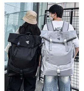 Detailed shot showing the large capacity backpack worn outdoors, showcasing functional straps.