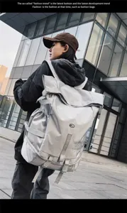 Large capacity trendy backpack detail, multi-functional design, durable outdoor travel bag.