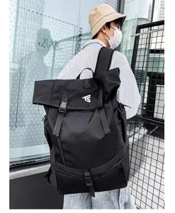 Large capacity black backpack for men outdoor travel sports school bag roll top style.