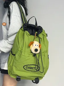 Sac à dos léger vert avec cordon pour voyage extérieur, cartable décontracté avec pendentif chien