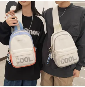 Detail view of trendy casual chest backpack with cool letter print for daily travel use.