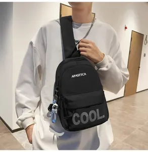 Men black tactical sling bag casual canvas chest crossbody daypack with cool print for travel.