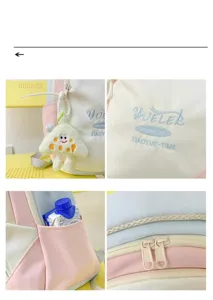 Pastel color backpack detail view, featuring multi-pocket design, cute plush charm, and embroidery.