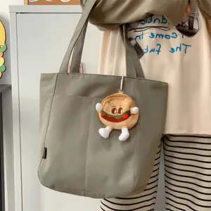 Japanese style minimalist canvas tote bag large capacity shoulder bag with cute burger pendant