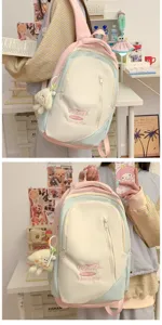 Japanese style large capacity dopamine pastel color block school backpack with cute pendant
