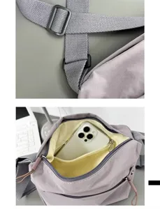 Nylon crossbody bag detail view showing adjustable strap and spacious interior compartment.