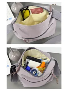 Detailed view of the multi-compartment nylon crossbody bag interior capacity and storage.