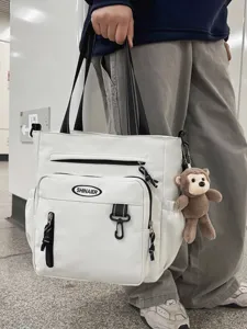 Canvas tote bag with multiple zipper pockets large capacity shoulder bag with cute monkey pendant