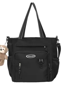 Black canvas tote bag large capacity shoulder messenger bag with multi pockets and monkey charm.