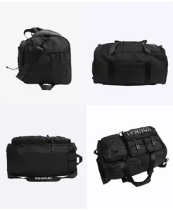 Detailed view of black multi-functional large capacity sports gym duffel bag with pockets.