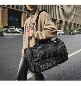 Large capacity gym duffel bag detail, multifunctional travel sports training luggage storage.