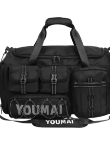 Black large capacity travel gym bag, multi-pocket tactical sports duffel for short trips.