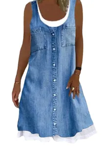 Women's casual sleeveless denim dress with button down front and loose midi fit summer