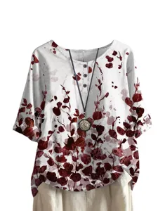 Mujer casual holgada estampado floral blusa manga corta botón cuello V verano top